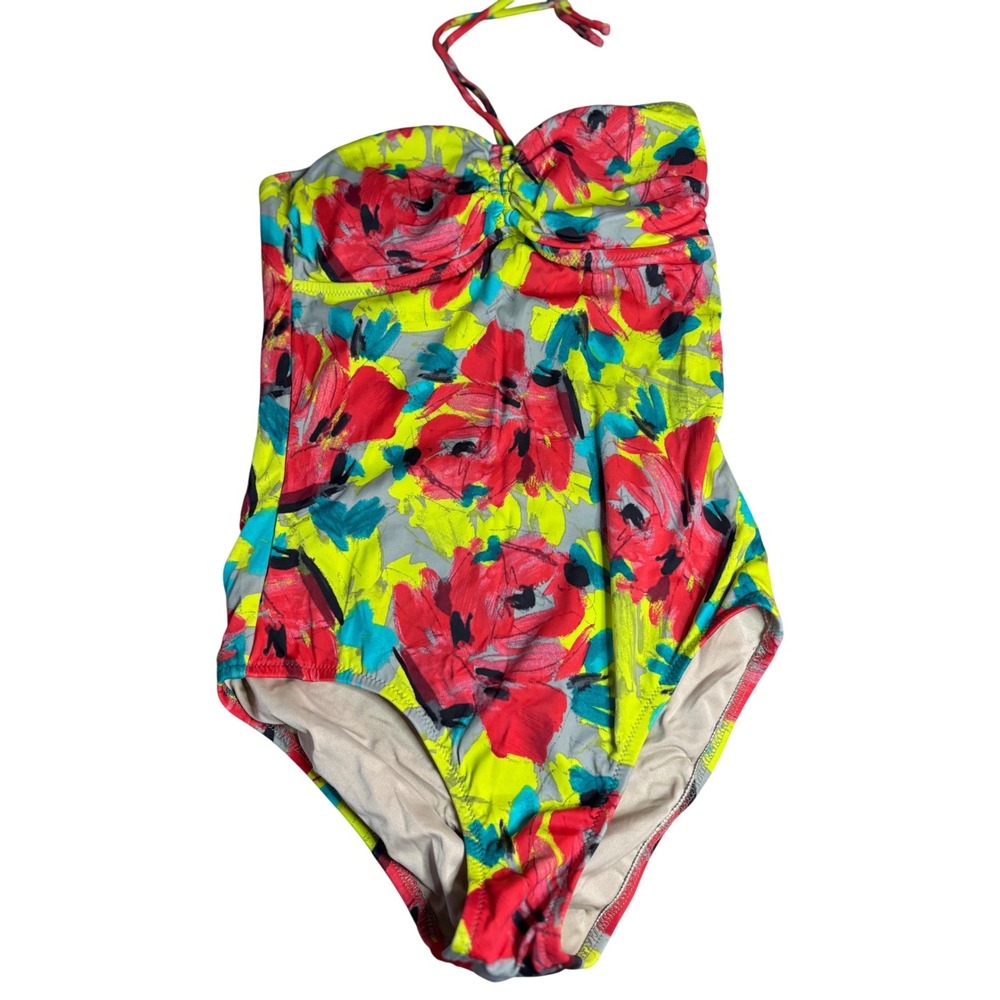 J.Crew Womens Floral One Piece Swimsuit Neon Yellow Red Halter Bandeau 6 57750